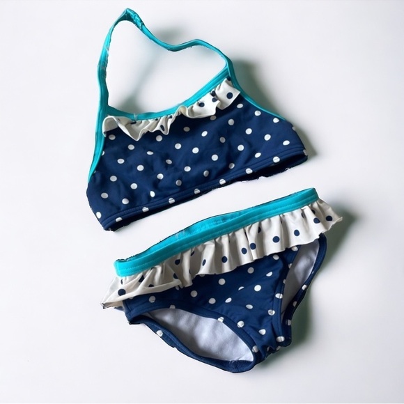 Mini Boden 2 piece swimsuit size 4/5 years - navy polka dot and teal stripes - Picture 1 of 8